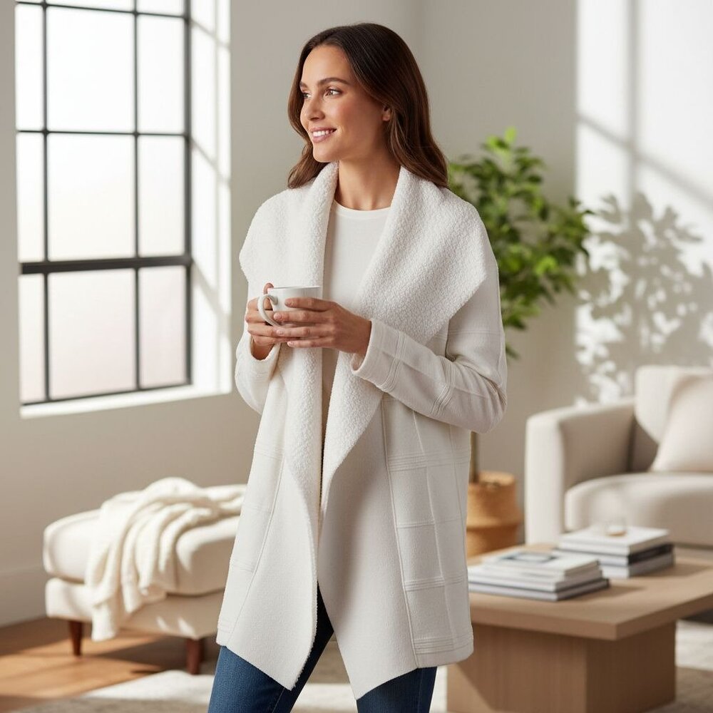 Cato Womens L Ivory Open Front Cardigan Jacket Woven Sherpa Trim Polyester/Nylon